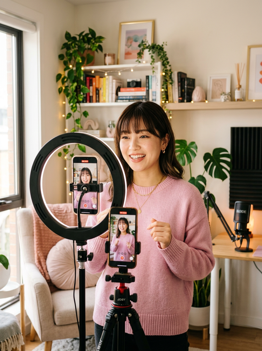 リングライトで撮影する日本人インフルエンサー
